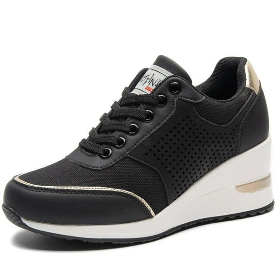 High Heeld Wedge Sneakers for Women - Ladies Hidden Sneakers Lace Up Shoes, Best Chioce for Casual and Daily Wear Black