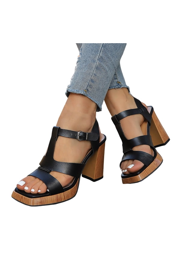 High Heeled Sandals for Women Square Open Toe Cork Heels Soft Leather Comfortable Arch Support Ankle Strap Pumps Dress Shoes Black Size 7