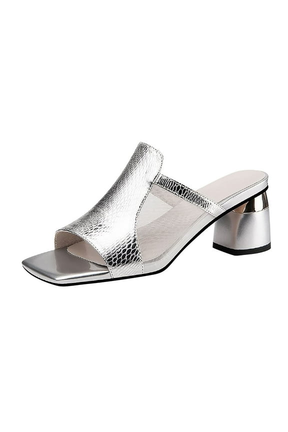 High Heeled for Women Square Toe Chunky Block Heels Sandals Dress Shoes Ladies Slip on Slides Sandal Women's Summer Chunky Heels Square Head Sequined Flip-flops Sandals