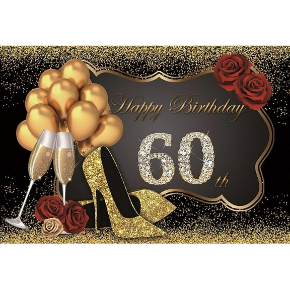 High Heels Birthday Backdrop Happy 60th Birthday Gold Photography Background Champagne Balloon Red Rose Flower Photography Backdrop Birthday Party Banner