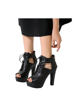 High Heels Combat Boots Sandals for Women Summer Spring Fall Punk Vintage Leather Open Peep Toe Dress Ankle Booties