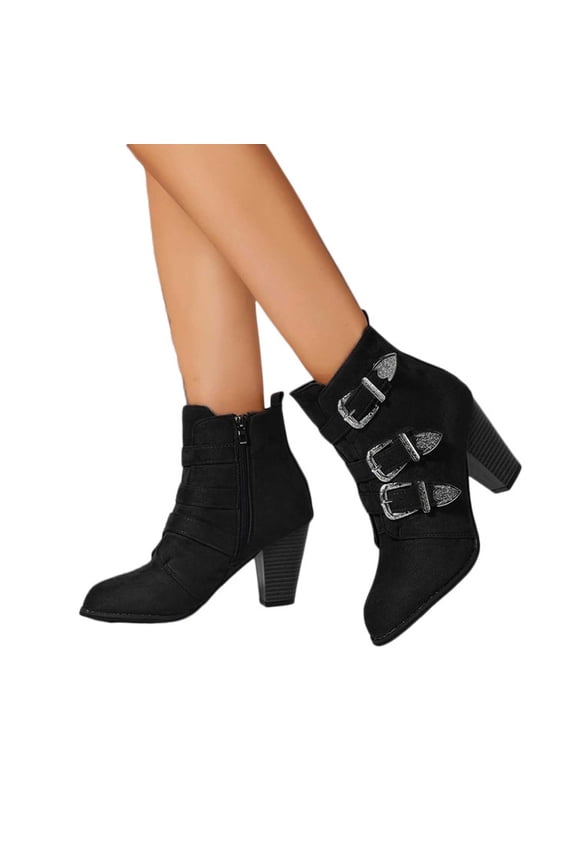 High Heels Combat Dress Boots for Women Ladies Vintage Triple Buckle Straps Pointed Toe Dressy Pumps Ankle Booties Black Size 6