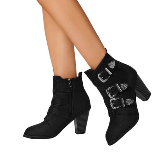 High Heels Combat Dress Boots for Women Ladies Vintage Triple Buckle Straps Pointed Toe Dressy Pumps Ankle Booties Black Size 6