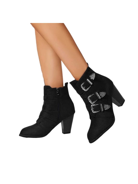 High Heels Combat Dress Boots for Women Ladies Vintage Triple Buckle Straps Pointed Toe Dressy Pumps Ankle Booties Black Size 6