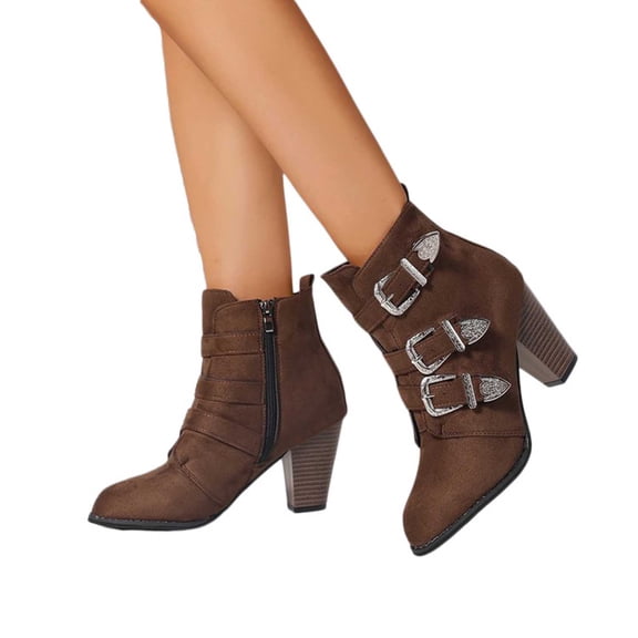 High Heels Combat Dress Boots for Women Ladies Vintage Triple Buckle Straps Pointed Toe Dressy Pumps Ankle Booties Brown Size 9