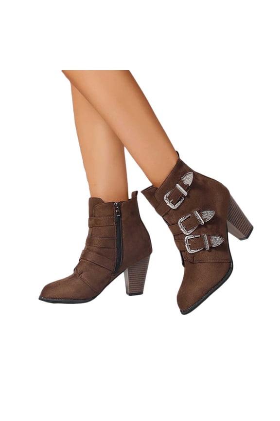 High Heels Combat Dress Boots for Women Ladies Vintage Triple Buckle Straps Pointed Toe Dressy Pumps Ankle Booties Brown Size 9