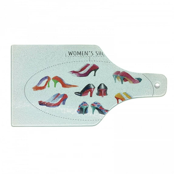 High Heels Cutting Board, 7 Pair of Feminine Watercolor High Heels Womans Shoes Lettering Print, Decorative Tempered Glass Cutting and Serving Board, in 3 Sizes, by Ambesonne