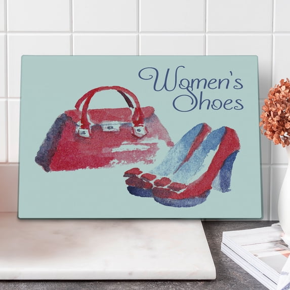 High Heels Cutting Board, Vintage Style Woman Bag and Shoes Watercolor Painting, Decorative Tempered Glass Cutting and Serving Board, in 3 Sizes, by Ambesonne