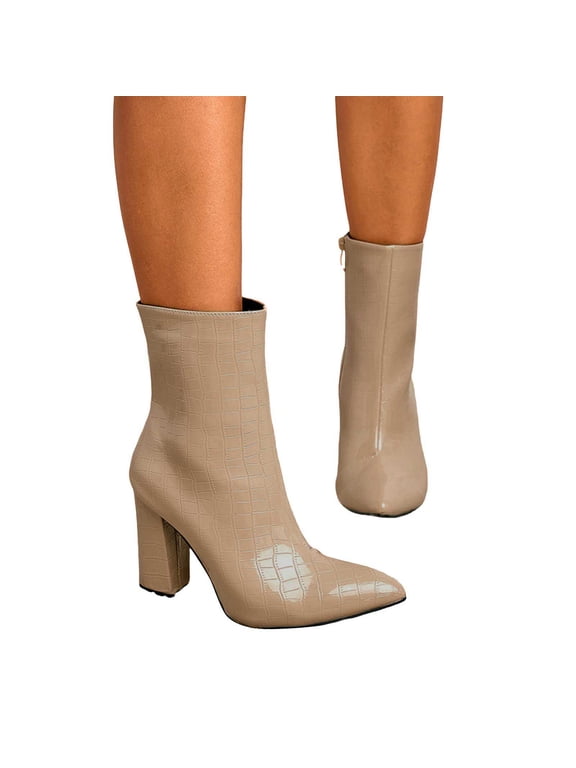 High Heels Dressy Boots for Women Ladies Fashion Patent Leather Pumps Mid Calf Dress Boots with Side Zipper