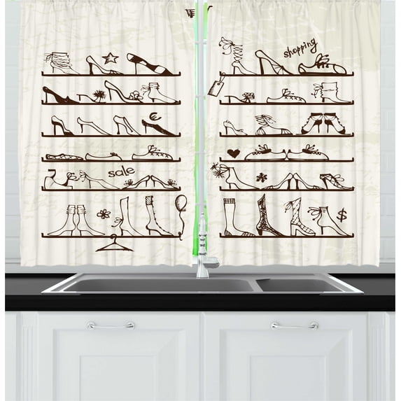 High Heels Kitchen Curtains, Different Feminine Shoes on Shelves Love Shopping Grunge Backdrop Sketch, Two Panels Drapes with Rod Pocket Room Decor, 55" X 45", Dark Brown Ivory, by Ambesonne