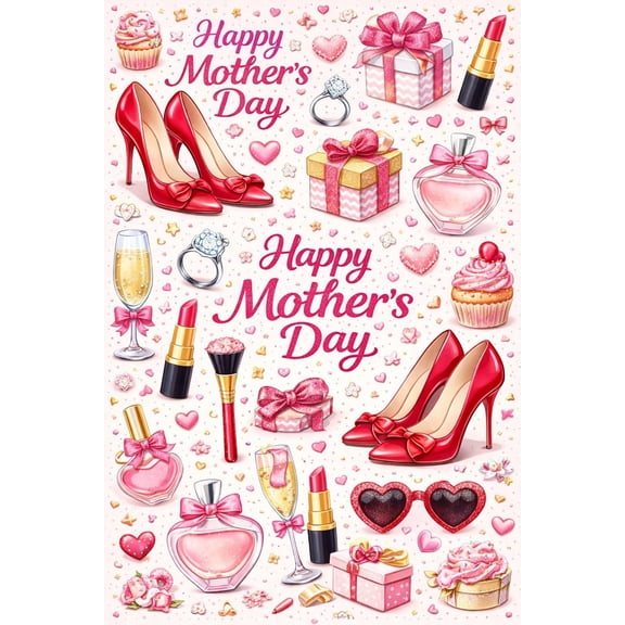 High Heels, Lipstick, Champagne Mothers Day Pattern Edible Image Cake Topper for Quarter Sheet Cake, by Tnct. (1 Count)