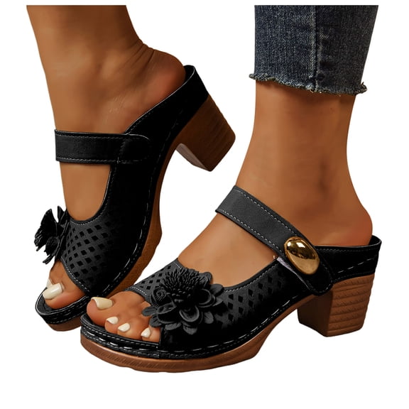 High Heels Slides Sandals for Women 2025 Boho Flower Hollow out Peep Toe Slip on Dress Slippers Summer Shoes