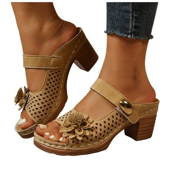 High Heels Slides Sandals for Women 2025 Boho Flower Hollow out Peep Toe Slip on Dress Slippers Summer Shoes