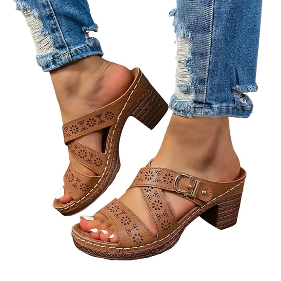 High Heels Slip on Sandals for Women 2025 Summer Fashion Leather Platform Chunky Heeled Dress Slides Slippers