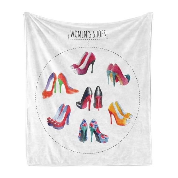 High Heels Soft Flannel Fleece Throw Blanket, 7 Pair of Feminine Watercolor High Heels Womans Shoes Lettering Print, Cozy Plush for Indoor and Outdoor Use, 60" x 80", Multicolor, by Ambesonne