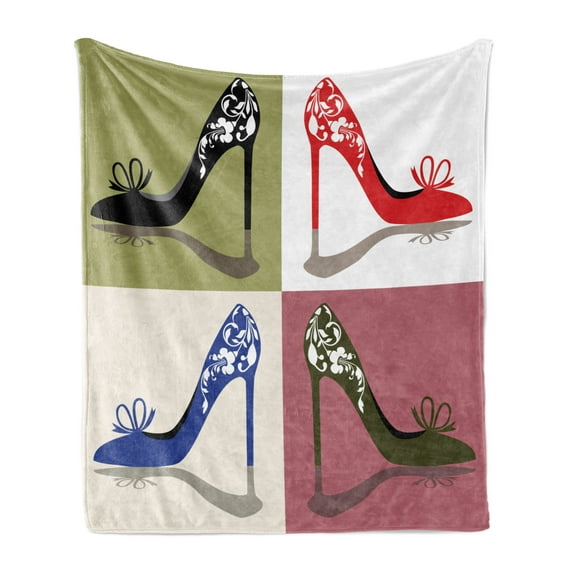 High Heels Soft Flannel Fleece Throw Blanket, Different Colored Oriental Floral Ornamental High Heel Shoes in Squares Woman, Cozy Plush for Indoor and Outdoor Use, 50" x 70", Multicolor, by Ambesonne