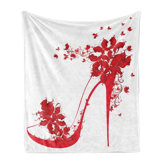High Heels Soft Flannel Fleece Throw Blanket, High Heel Shoes with Butterfly and Floral Ornaments Girlish, Cozy Plush for Indoor and Outdoor Use, 50" x 70", Dark Coral Scarlet White, by Ambesonne