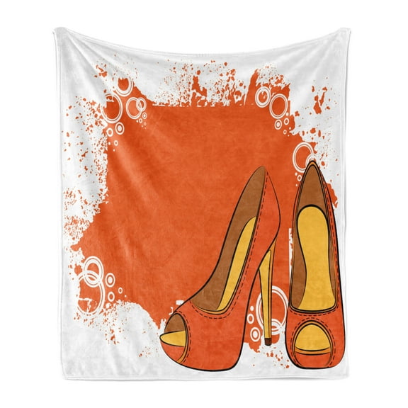 High Heels Soft Flannel Fleece Throw Blanket, Pair of Dashing Female Shoes Vivid Paint Splashed Backdrop, Cozy Plush for Indoor and Outdoor Use, 50" x 70", Burnt Orange Mustard, by Ambesonne