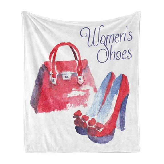 High Heels Soft Flannel Fleece Throw Blanket, Vintage Style Woman Bag and Shoes Watercolor Painting, Cozy Plush for Indoor and Outdoor Use, 50" x 70", Dark Coral Ceil Blue, by Ambesonne