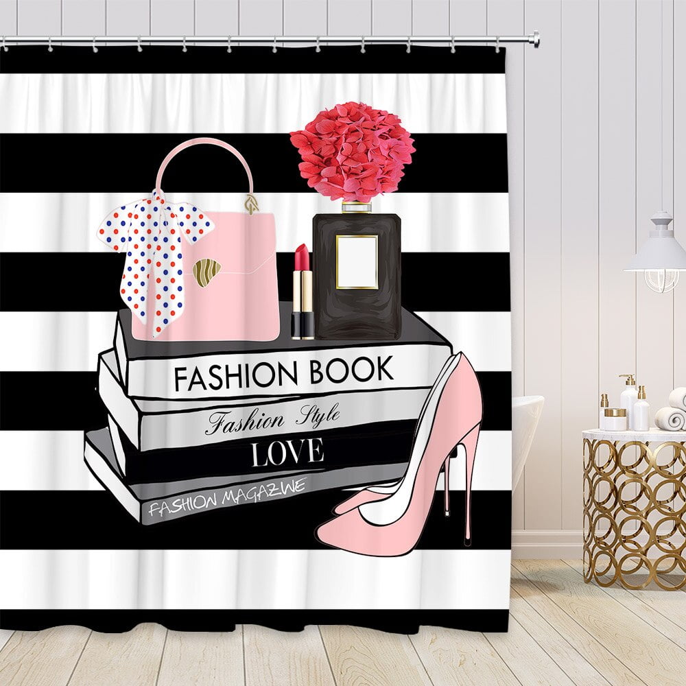 High Heels Striped Shower Bathroom Curtain Lipstick Fashion Perfume