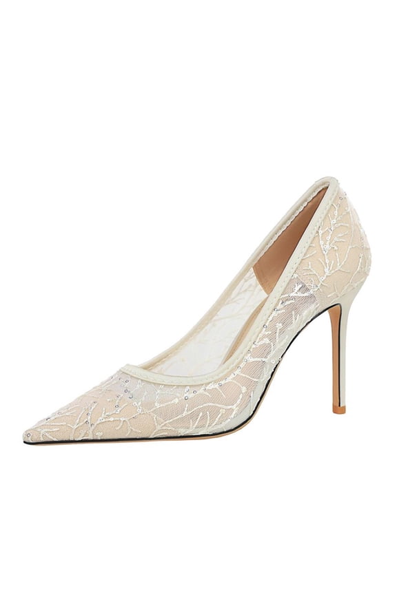 High Heels for Women 9CM Pointed Toe Pump Party Dress Heel Sexy Lace Mesh Sequin for Bride Prom
