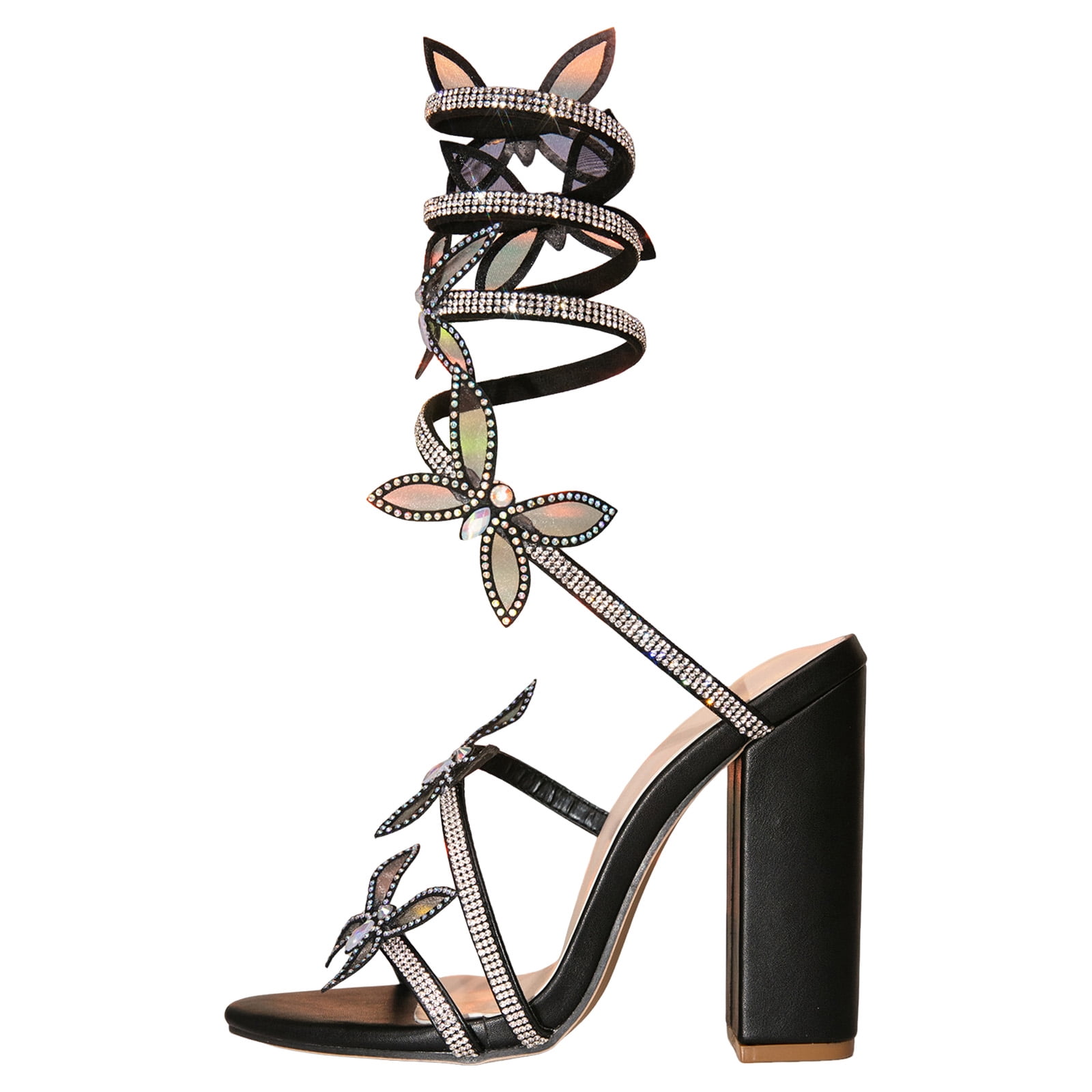 High Heels for Women Block Heeled Sandals Rhinestone Butterfly Spiral ...
