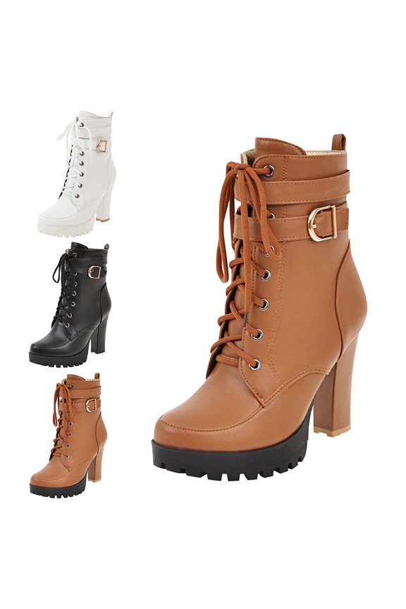 High Heels for Women Boots Round Toe Platform Booties Lace Up Suede Side Zipper Ankle Bootie