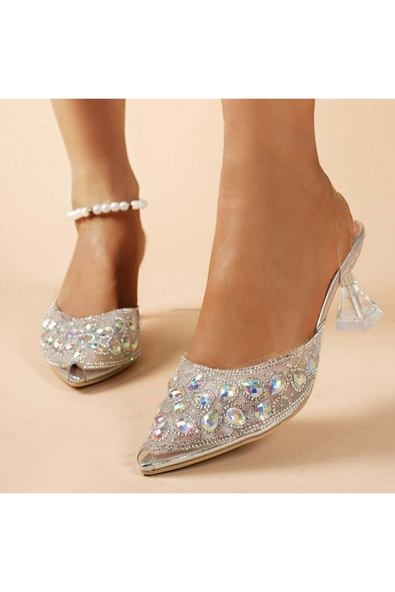 High Heels for Women Diamante Stiletto Heel Sexy Stripper Ladies Sandals Pointed Toe Wedding Shoes for Bride Prom Party Silver 7