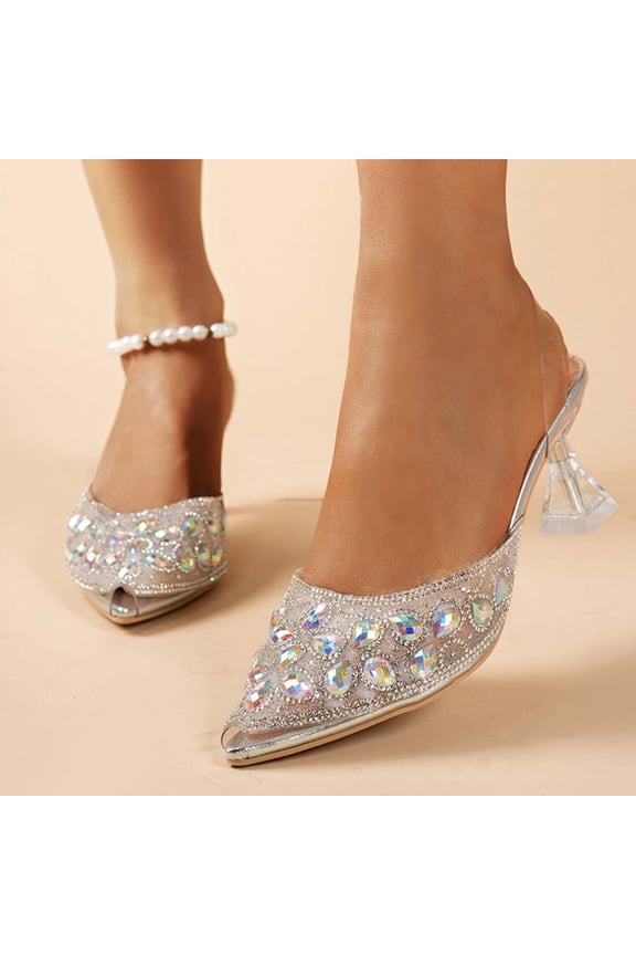 High Heels for Women Diamante Stiletto Heel Sexy Stripper Ladies Sandals Pointed Toe Wedding Shoes for Bride Prom Party Silver 8.5