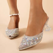 High Heels for Women Diamante Stiletto Heel Sexy Stripper Ladies Sandals Pointed Toe Wedding Shoes for Bride Prom Party Silver 8