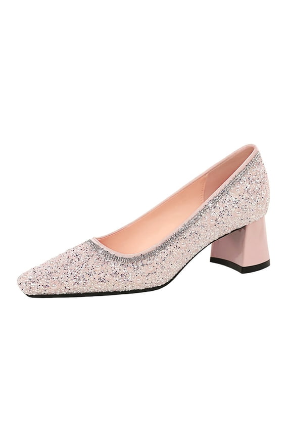 High Heels for Women Pink Diamante 5cm Block heel Pumps Square toe Sparkle Sequins Wedding Shoes for Bride Prom Party