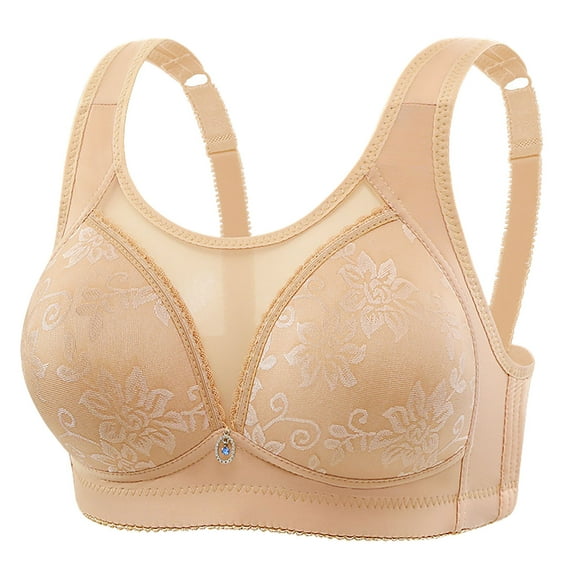 High Impact Support Sports Bras for Women Women's Non Steel Ring Style Printed Gathered Middle Button Breathable Underwear Daily Bra Beige L
