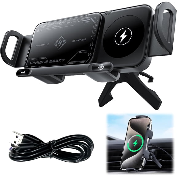 High Intelligent Mobile Phone/Pad Holder, 2 in 1 Auto Rotating Phone Holder, Car Charger Fast Charging Phone Holder, Rotatable Car Vent Phone Mount for Smartphone/Pad/Foldable(Black)