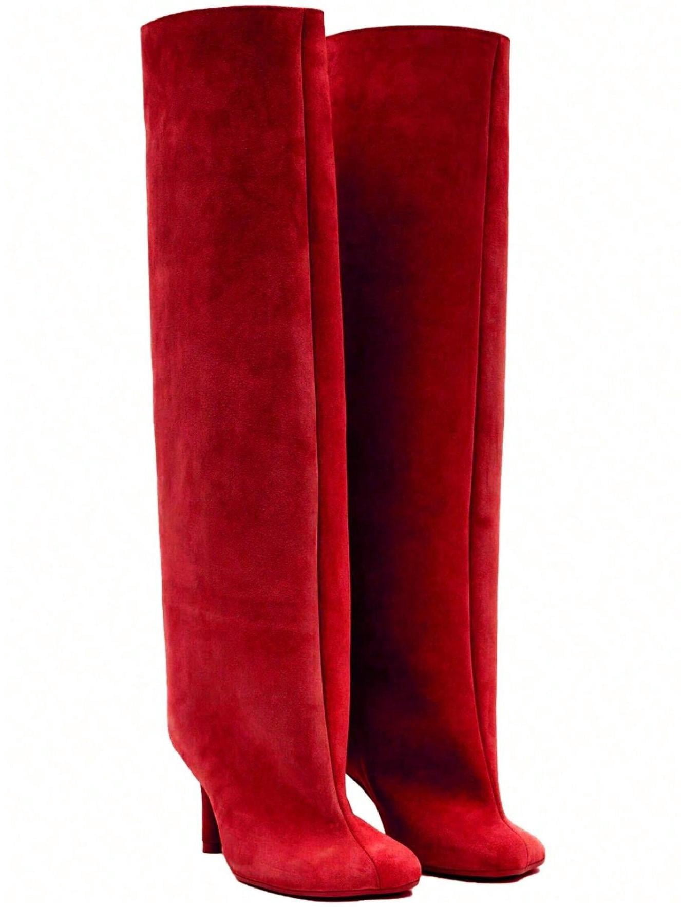 High-Knee-Boot-Square-Toe-Stiletto-Kitten-Heel-Women-s-Red-Suede-Long ...