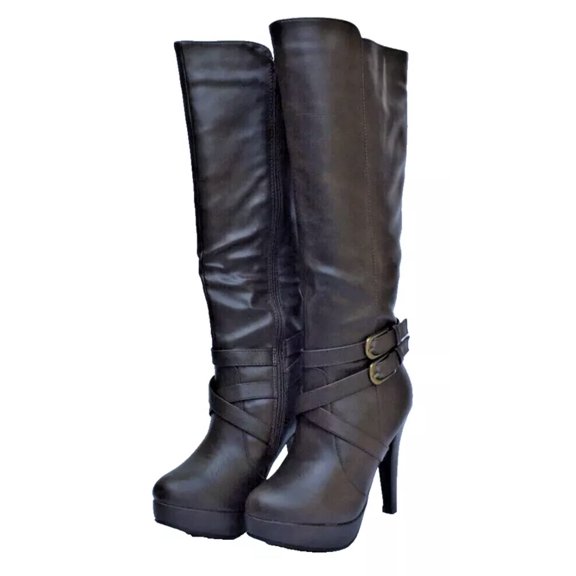 High Knee Platform Brown Boots