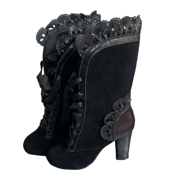 High Knee Pointed Toe Thick Heel Side Zipper Boots for Women Casual Winter Fashion Outdoor and Indoor Wear Black,41