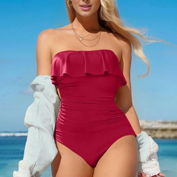 High Leg One Piece Swimsuit Strapless One Piece Swimsuits for Women Tummy Bandeau Bathing Suits Ruffle Summer Swimwear Red XL