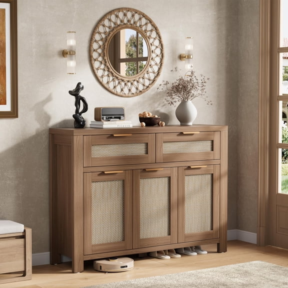 High-Leg Rattan Sideboard Buffet Cabinet – 43" Storage Credenza with 3 Doors, 2 Drawers, Adjustable Shelves – Boho Farmhouse for Dining Room, Kitchen, Entryway, Living Room – Dark oak