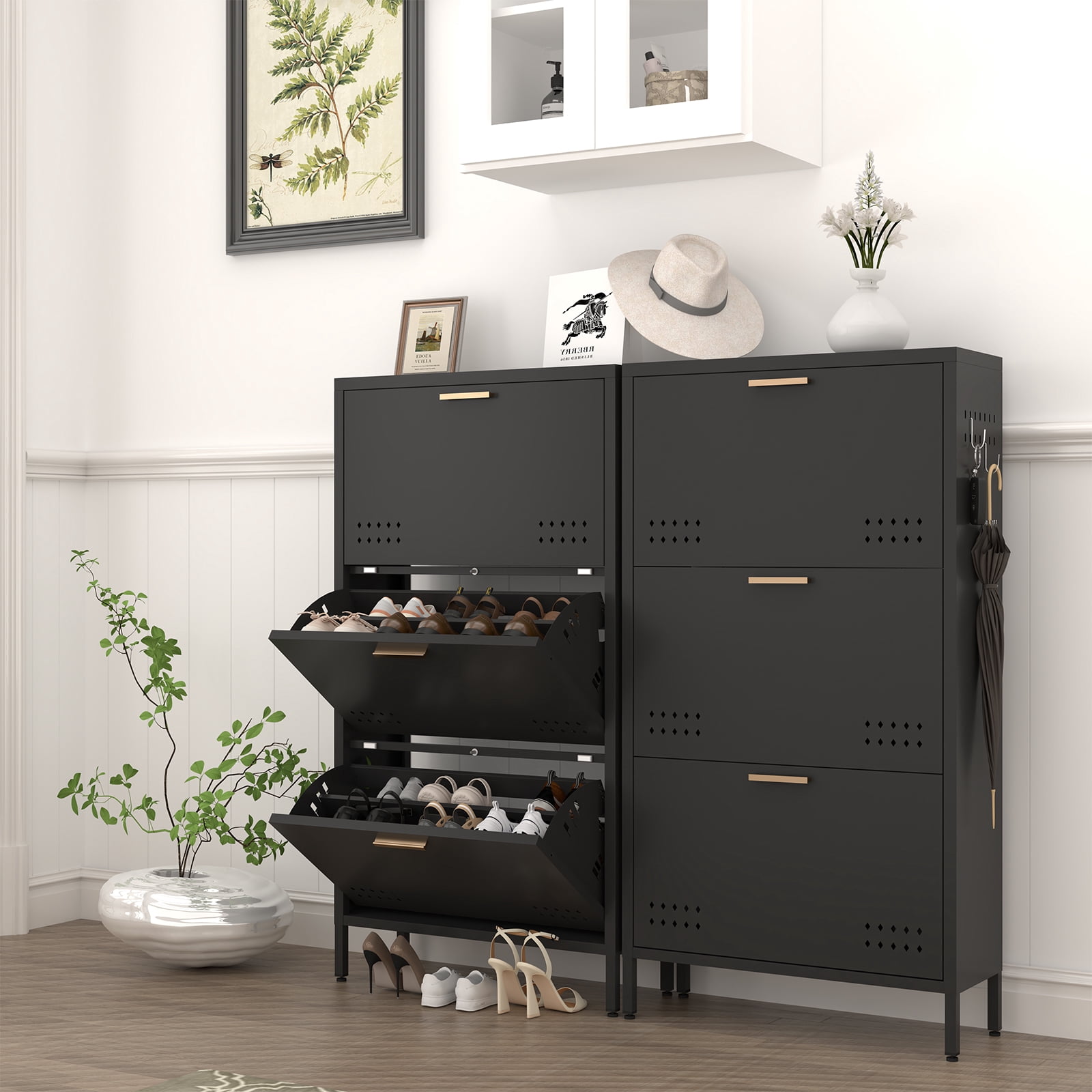 High-Leg Tilt Out Shoe Cabinet, Modern Large Capacity Rack With Side Hooks Heavy Duty Carbon Steel Anti Tip Entryway Cabinet Multi Layer Floor-Standing, Classic Black