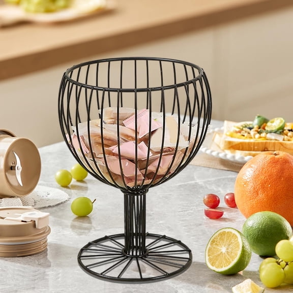 High Leg Wrought Iron Fruit Bowl, Tall Stemmed Wire Fruit Basket, Snack and Coffee Capsule Display Tray, Decorative Elevated Countertop Organizer