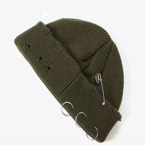 High Level HL Men's Knitted Skull Skully Beanie Ripped Distressed with Rings and Safety Pin - Beige/Army Green/Black (ArmyGreen)