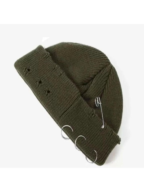 Men's Knitted Skull Skully Beanie Ripped Distressed with Rings and Safety Pin - Beige/Army Green/Black (ArmyGreen)