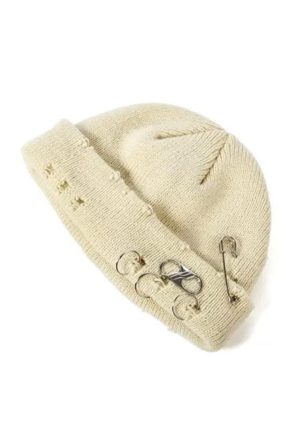 Men's Knitted Skull Skully Beanie Ripped Distressed with Rings and Safety Pin - Beige/Army Green/Black (Beige)