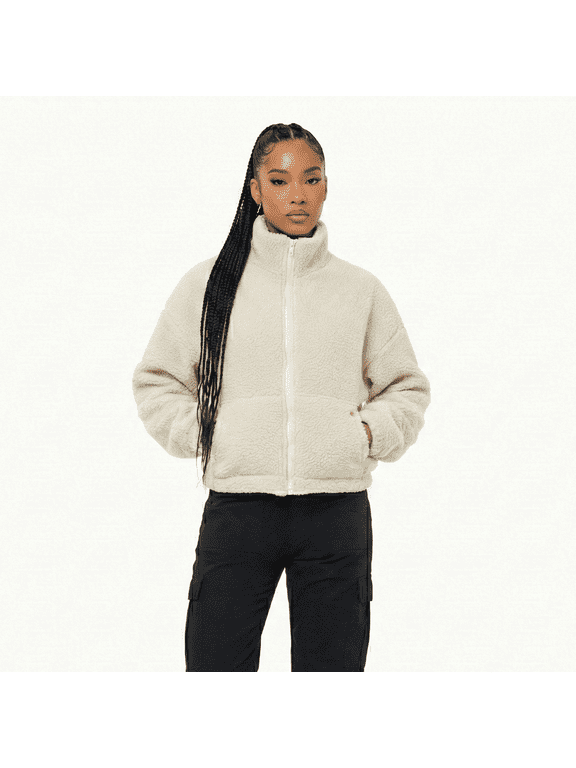 Sherpa Fleece Crop Zip up Jacket Warm Soft Fluffy Cozy - Cream, Navy or Gray - Coats Tops Outerwear Comfort (Grey, S) (Cream, S)
