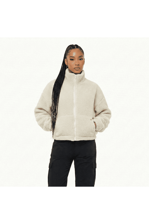 Sherpa Fleece Crop Zip up Jacket Warm Soft Fluffy Cozy - Cream, Navy or Gray - Coats Tops Outerwear Comfort (Grey, S) (Cream, S)
