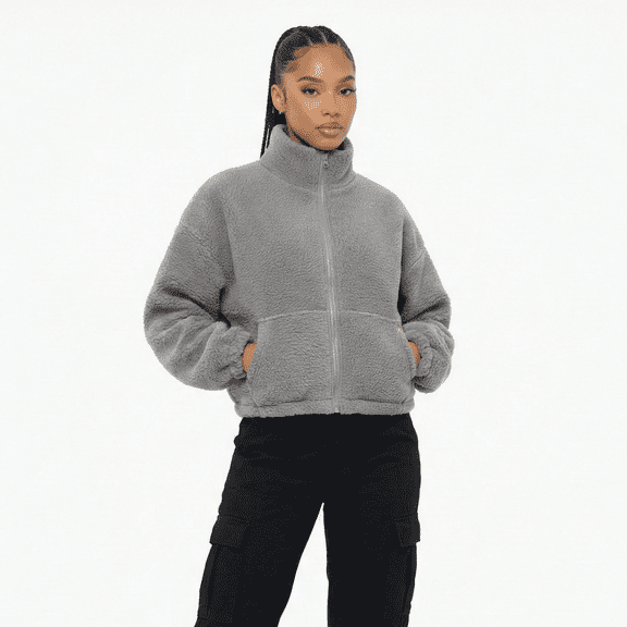 High Level HL Sherpa Fleece Crop Zip up Jacket Warm Soft Fluffy Cozy - Cream, Navy or Gray - Coats Tops Outerwear Comfort (Grey, S) (Grey, S)