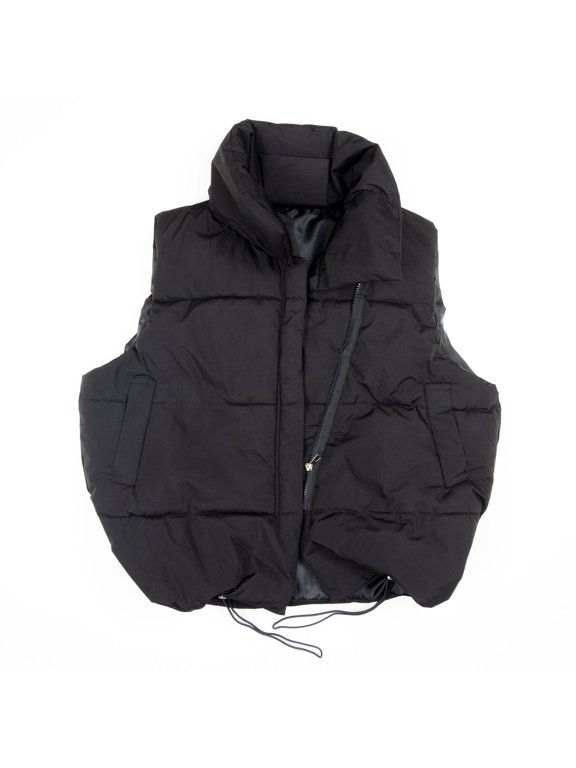 Women High Collar Puffer Vest Puffer Jacket Turn-Down Collar Asymmetrical zipper - Black, Beige or Off-White - Soft, Outerwear, Winter, Coat, Stylish, Basic, Casual Comfort (Black, XL)