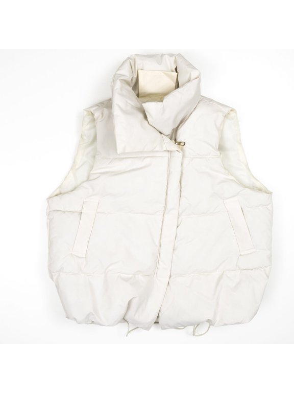 Women High Collar Puffer Vest Puffer Jacket Turn-Down Collar Asymmetrical zipper - Black, Beige or Off-White - Soft, Outerwear, Winter, Coat, Stylish, Basic, Casual Comfort (Off-White