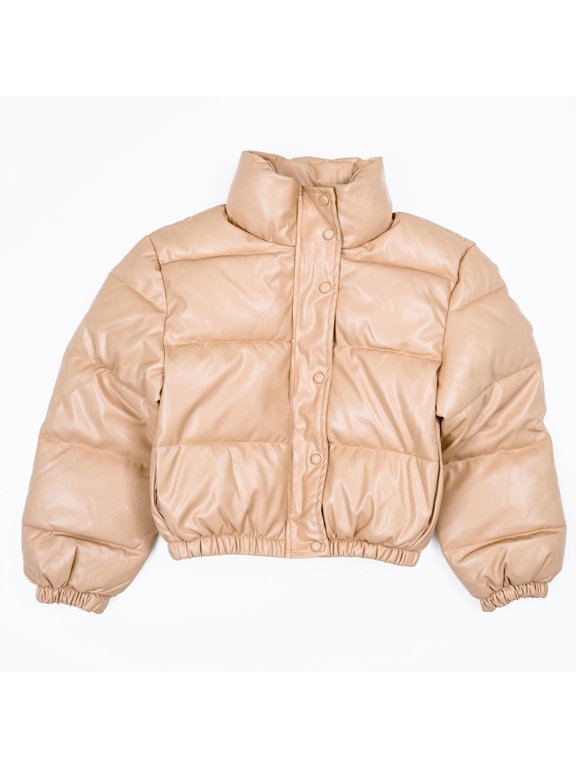 Women's Faux Vegan Leather Cropped Puffer Jacket - Women's Winter Coat - Coats, Womenswear Mocha Pockets Zipper Elastic Button Comfort Casual (Beige, L)