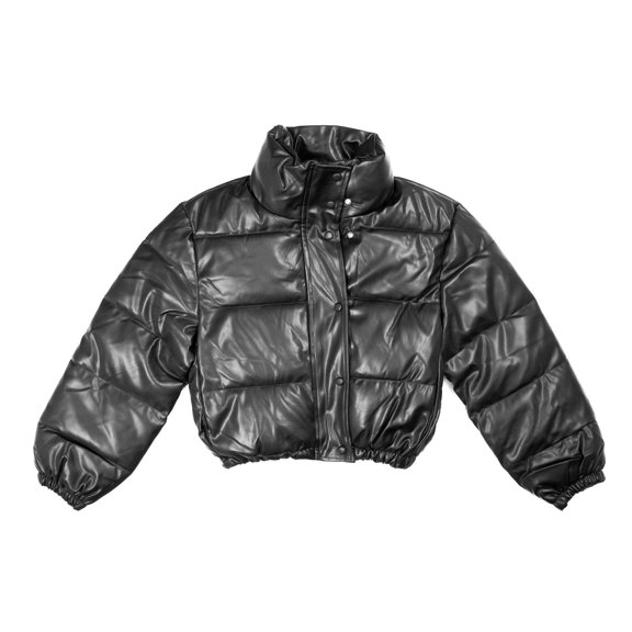 High Level HL Women's Faux Vegan Leather Cropped Puffer Jacket - Women's Winter Coat - Coats, Womenswear Mocha Pockets Zipper Elastic Button Comfort Casual (Black, S)
